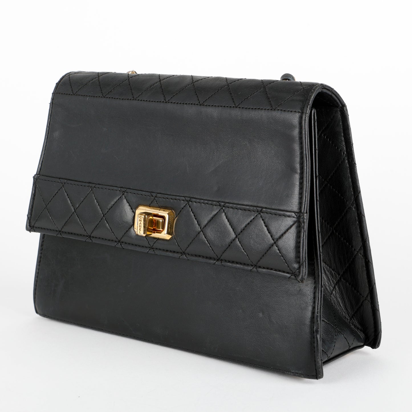 Trapezoid Flap Bag, Black Lambskin