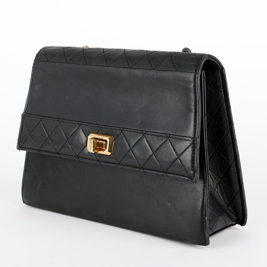 Trapezoid Flap Bag, Black Lambskin