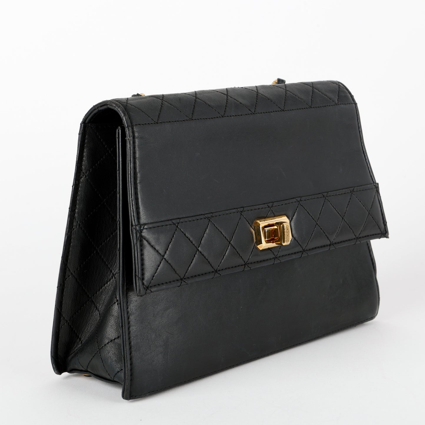 Trapezoid Flap Bag, Black Lambskin