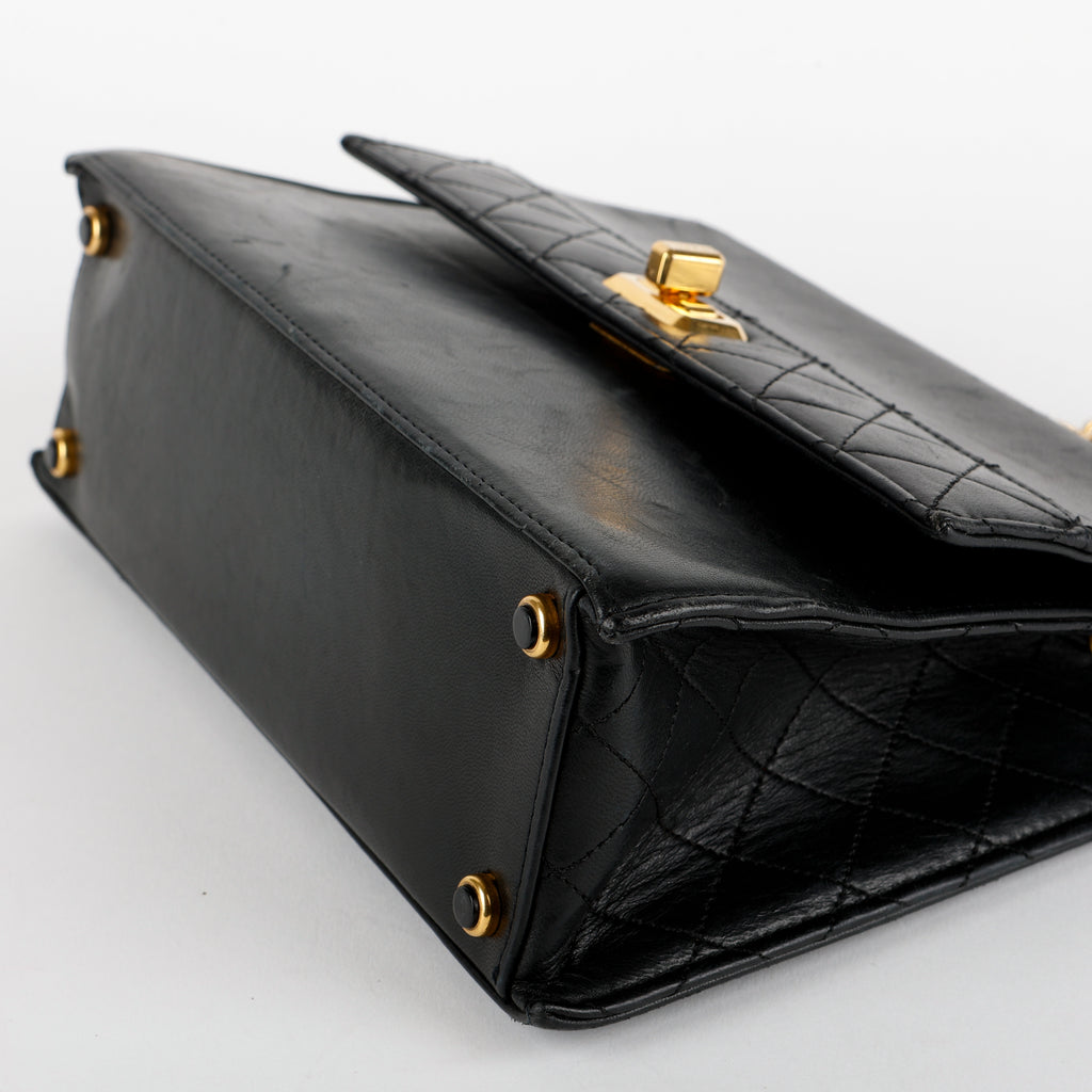 Trapezoid Flap Bag, Black Lambskin