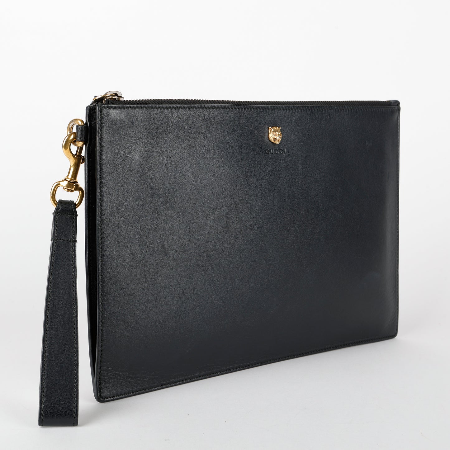 Rajah Zipped Wristlet, Black Smooth Calfskin