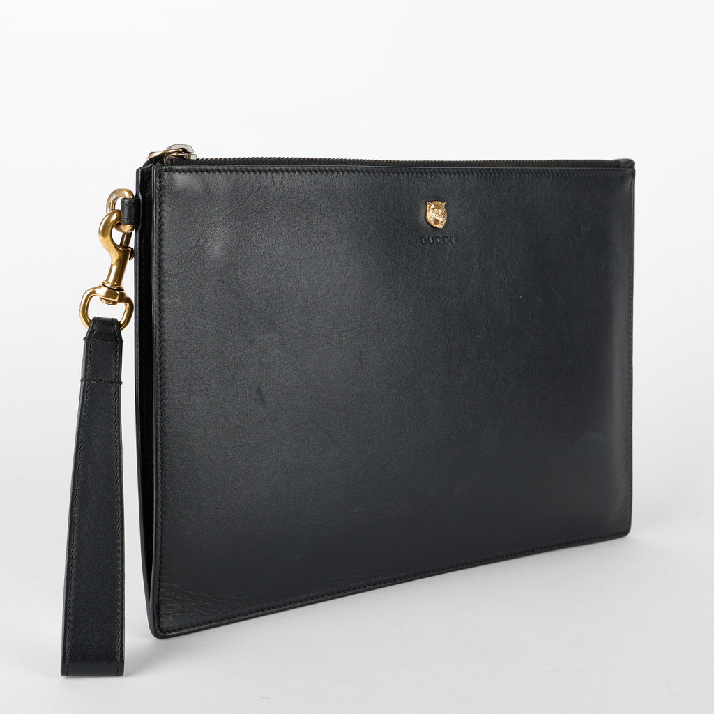 Rajah Zipped Wristlet, Black Smooth Calfskin