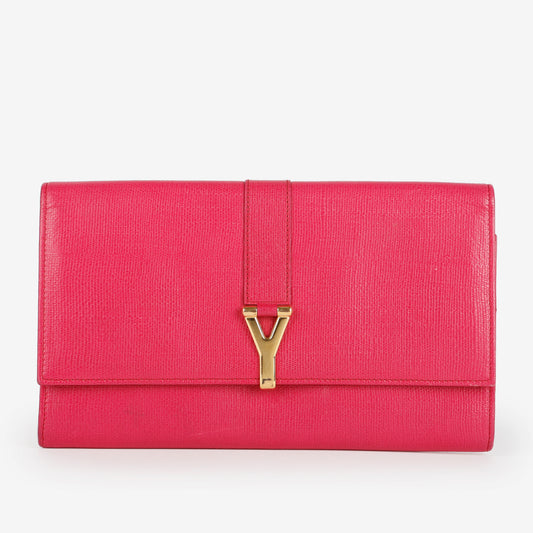 Travel Y Ligne Clutch, Fuchsia Grained Calfskin