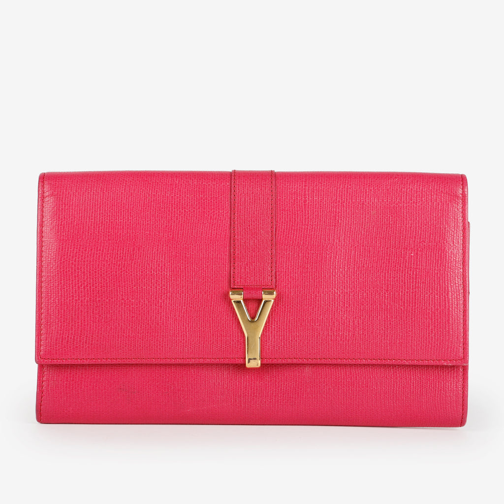 Travel Y Ligne Clutch, Fuchsia Grained Calfskin