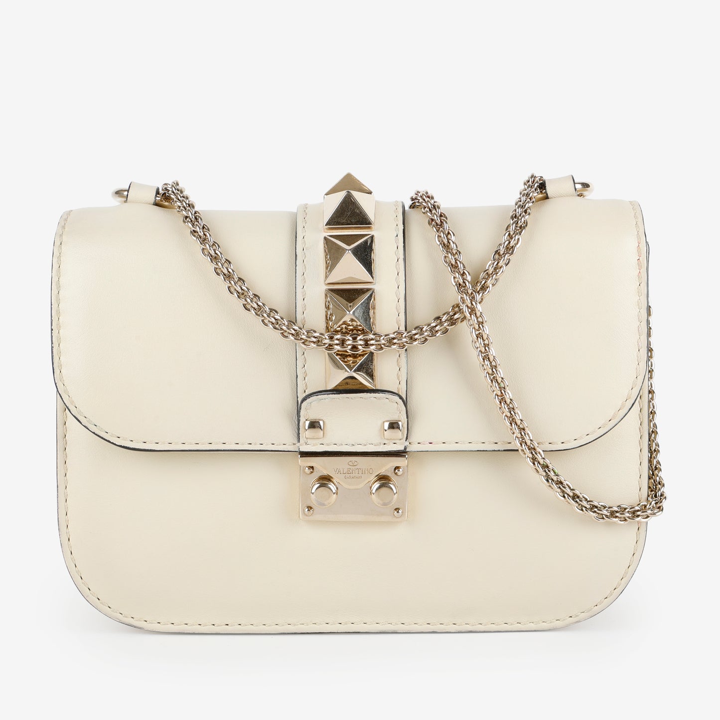 Small Glam Lock Rockstud Flap, Cream