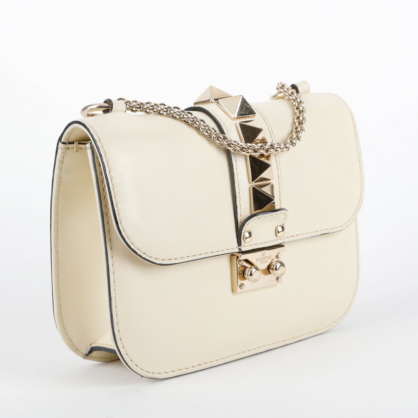 Small Glam Lock Rockstud Flap, Cream