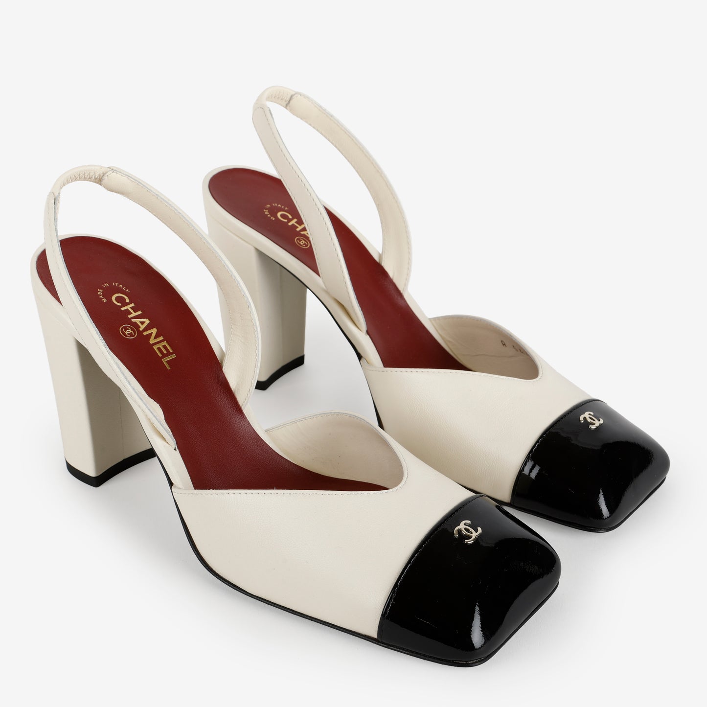 Patent Calfskin Square Toe Slingbacks, Ivory and Black Size 38 (US 8)