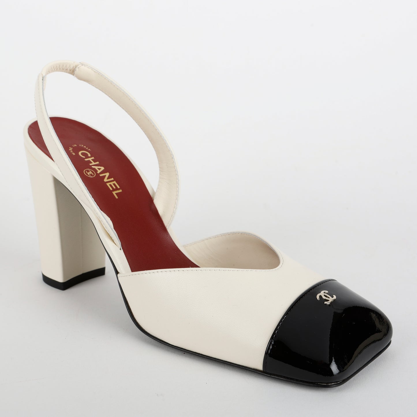 Patent Calfskin Square Toe Slingbacks, Ivory and Black Size 38 (US 8)