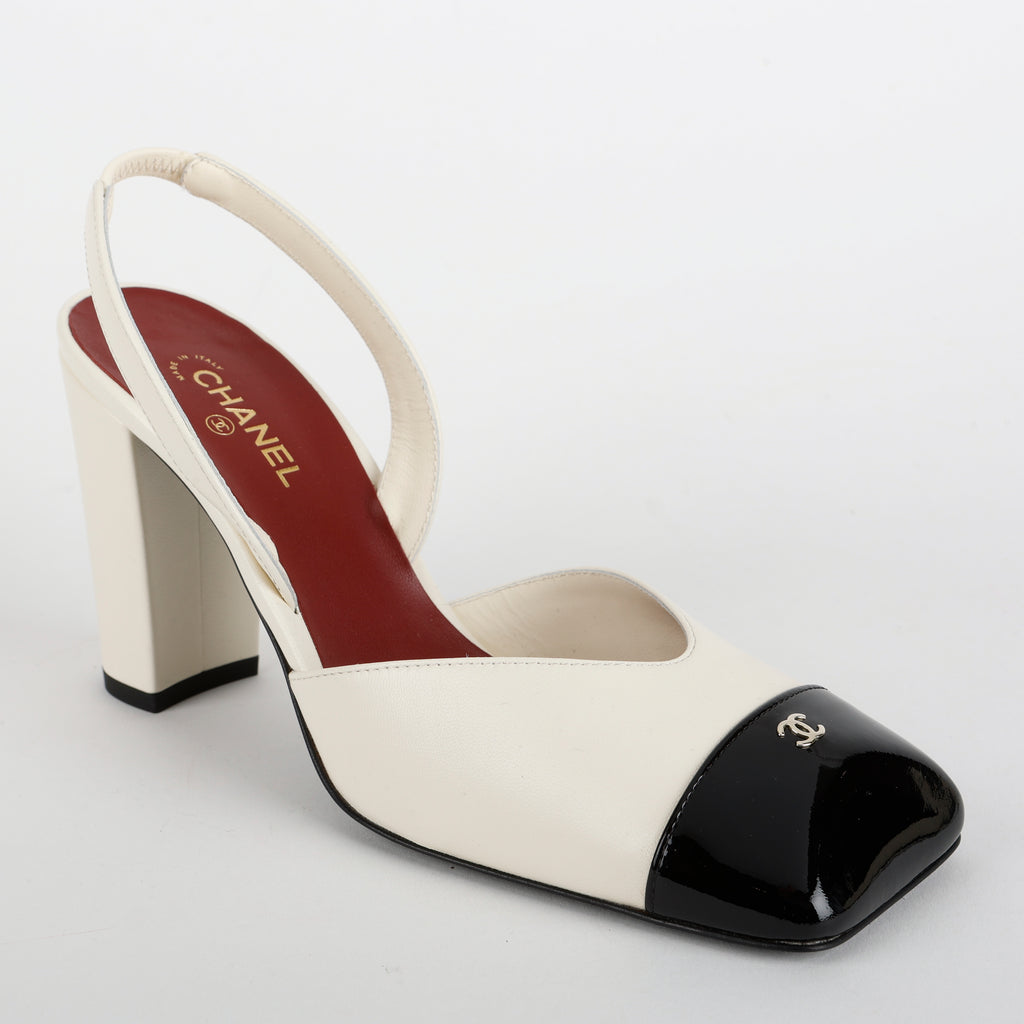 Patent Calfskin Square Toe Slingbacks, Ivory and Black Size 38 (US 8)