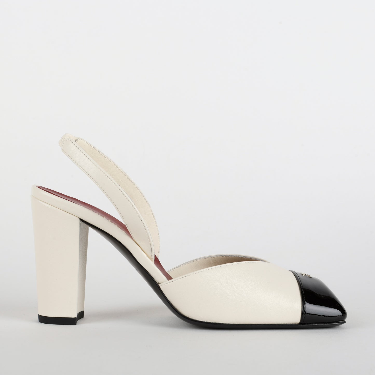Patent Calfskin Square Toe Slingbacks, Ivory and Black Size 38 (US 8)
