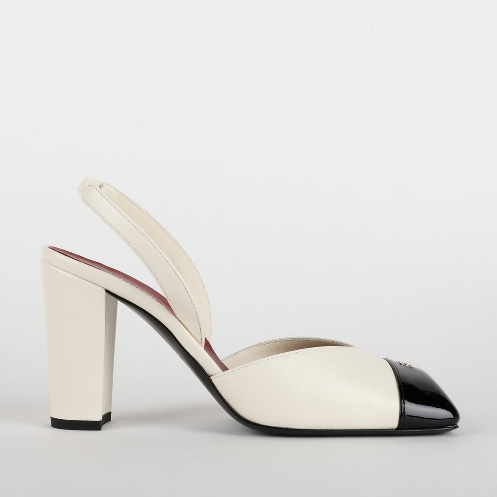 Patent Calfskin Square Toe Slingbacks, Ivory and Black Size 38 (US 8)