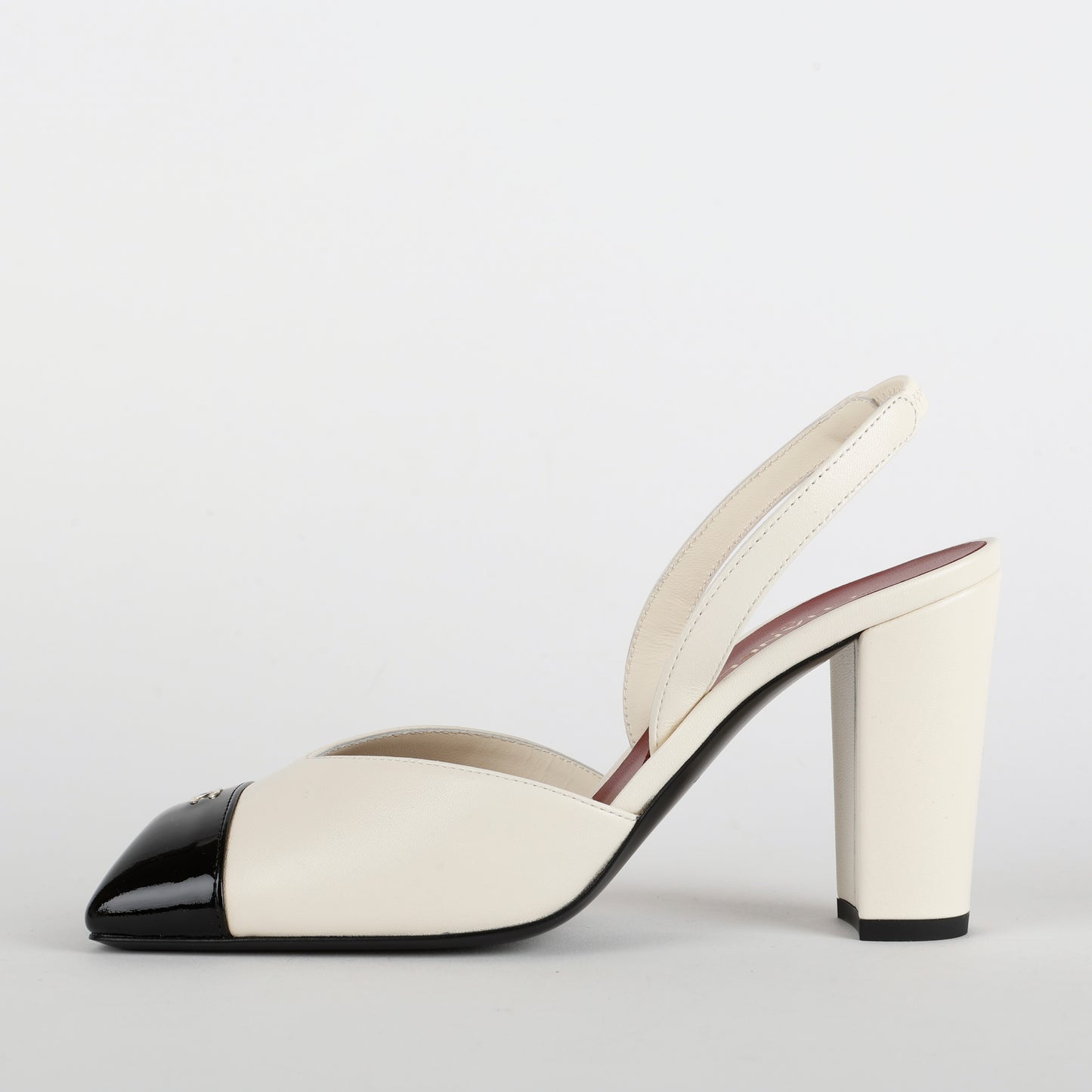 Patent Calfskin Square Toe Slingbacks, Ivory and Black Size 38 (US 8)