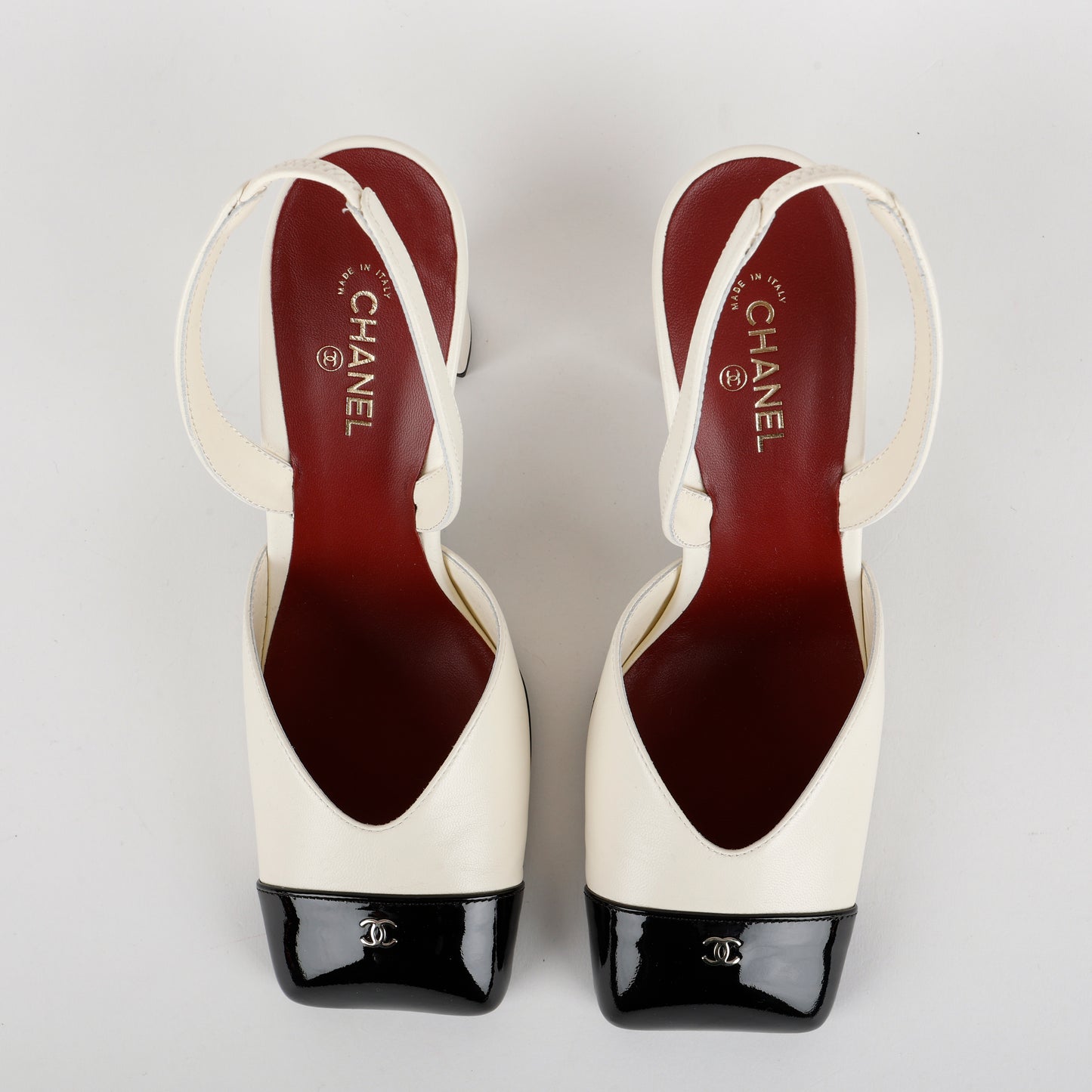 Patent Calfskin Square Toe Slingbacks, Ivory and Black Size 38 (US 8)