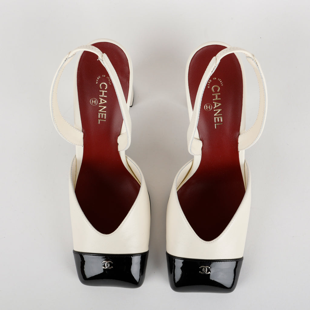 Patent Calfskin Square Toe Slingbacks, Ivory and Black Size 38 (US 8)