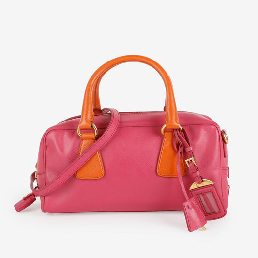 Bicolor Saffiano Bowler Bag, Fuchsia/Orange