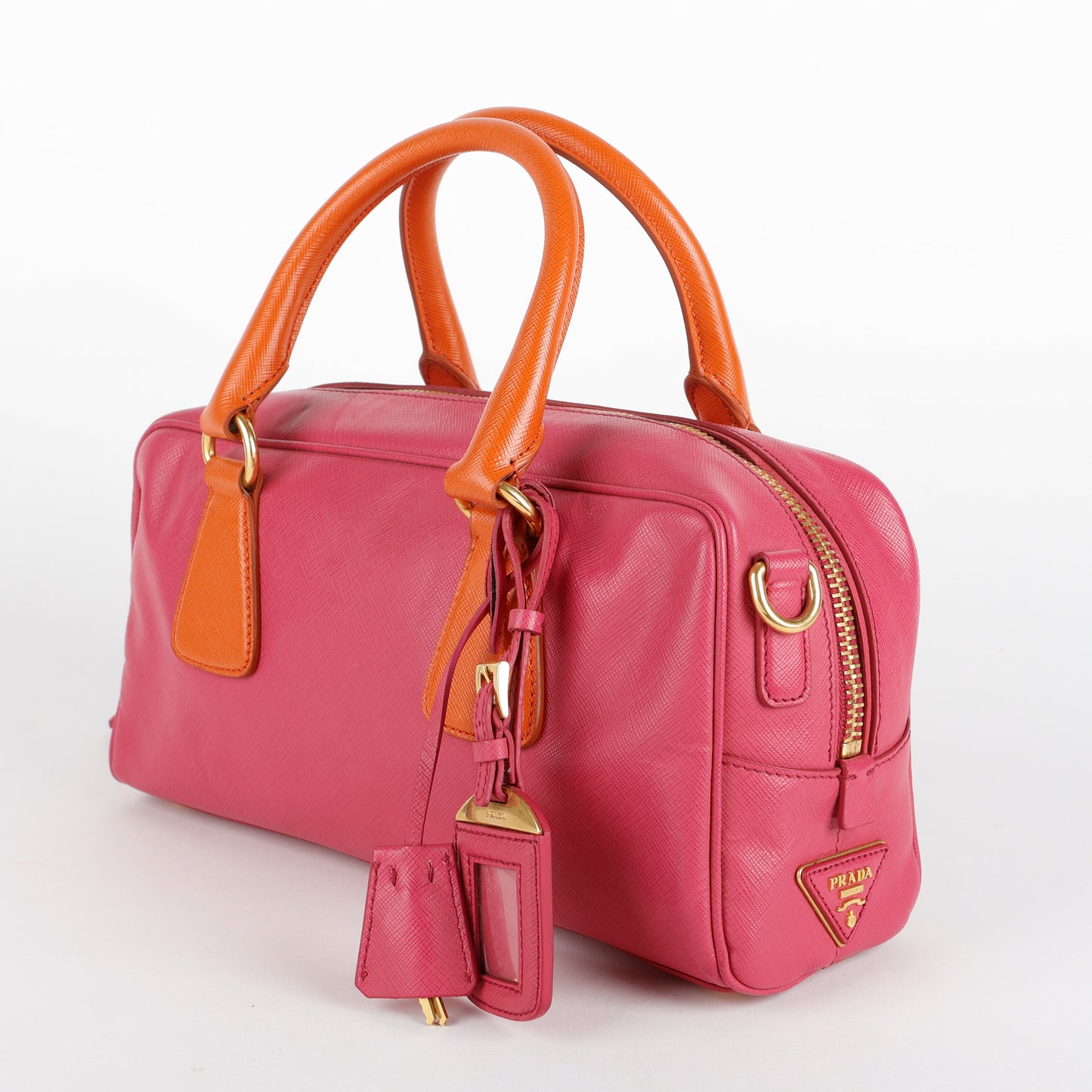 Bicolor Saffiano Bowler Bag, Fuchsia/Orange