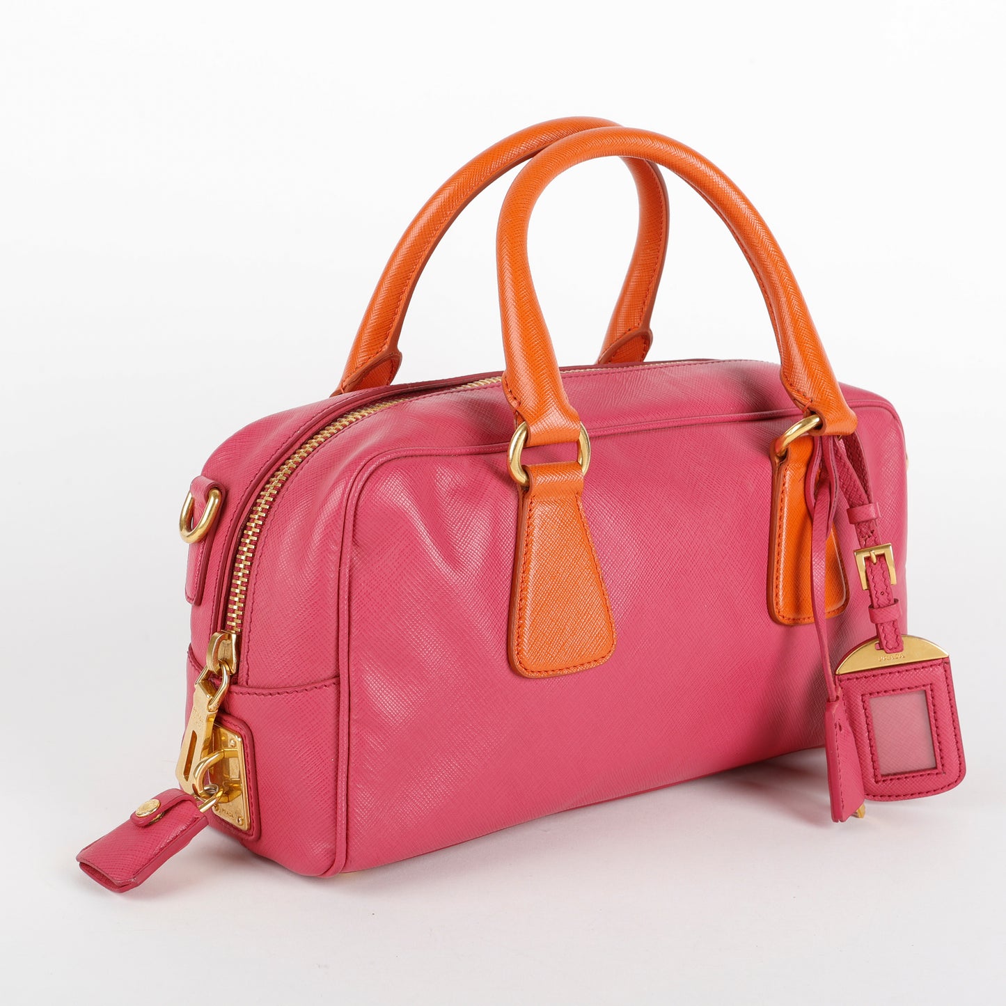 Bicolor Saffiano Bowler Bag, Fuchsia/Orange