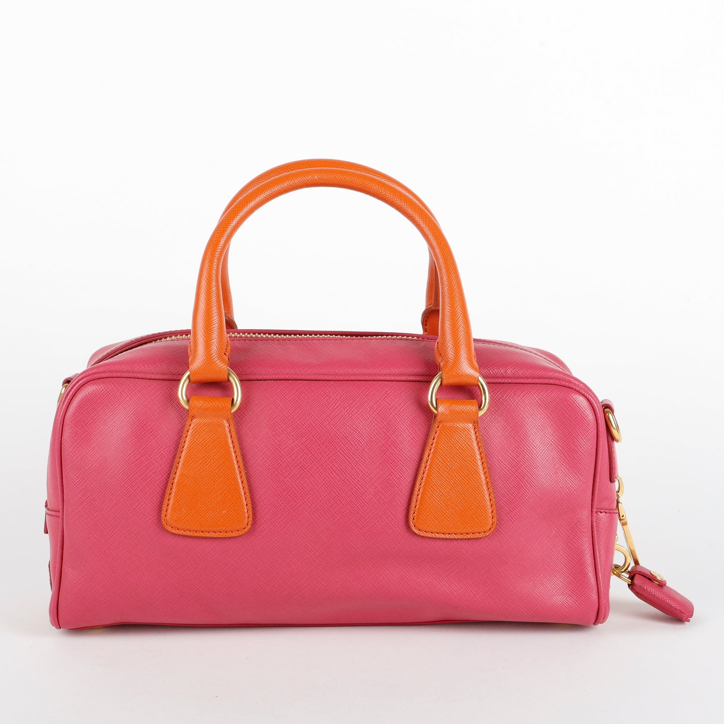 Bicolor Saffiano Bowler Bag, Fuchsia/Orange