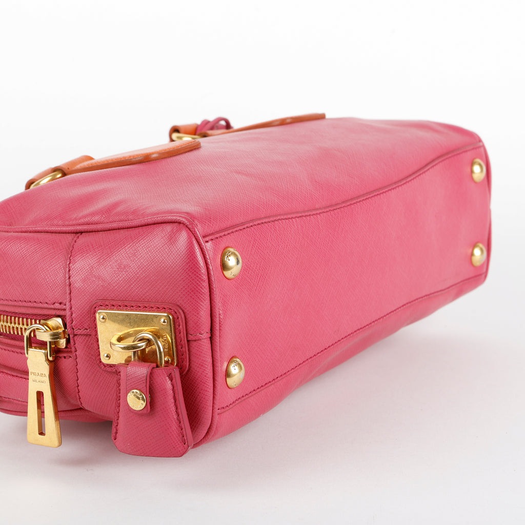 Bicolor Saffiano Bowler Bag, Fuchsia/Orange