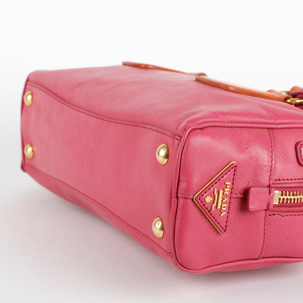 Bicolor Saffiano Bowler Bag, Fuchsia/Orange