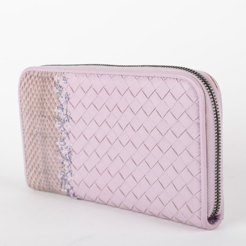 Intrecciato Zip Around Wallet, Lilac/Python