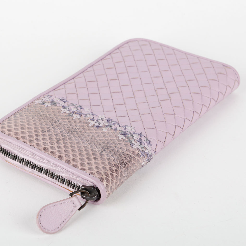 Intrecciato Zip Around Wallet, Lilac/Python