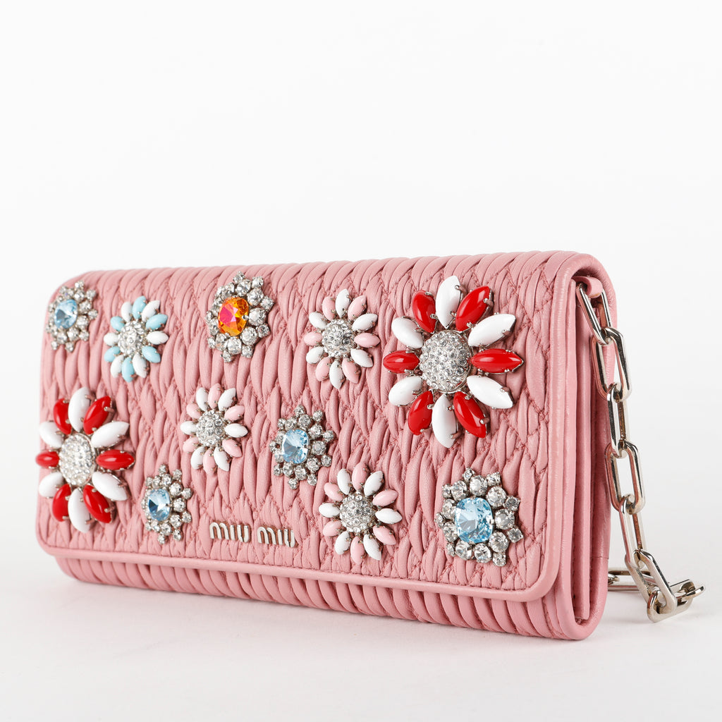 Crystal Flower Matelasse Wallet on Chain, Pink SHW