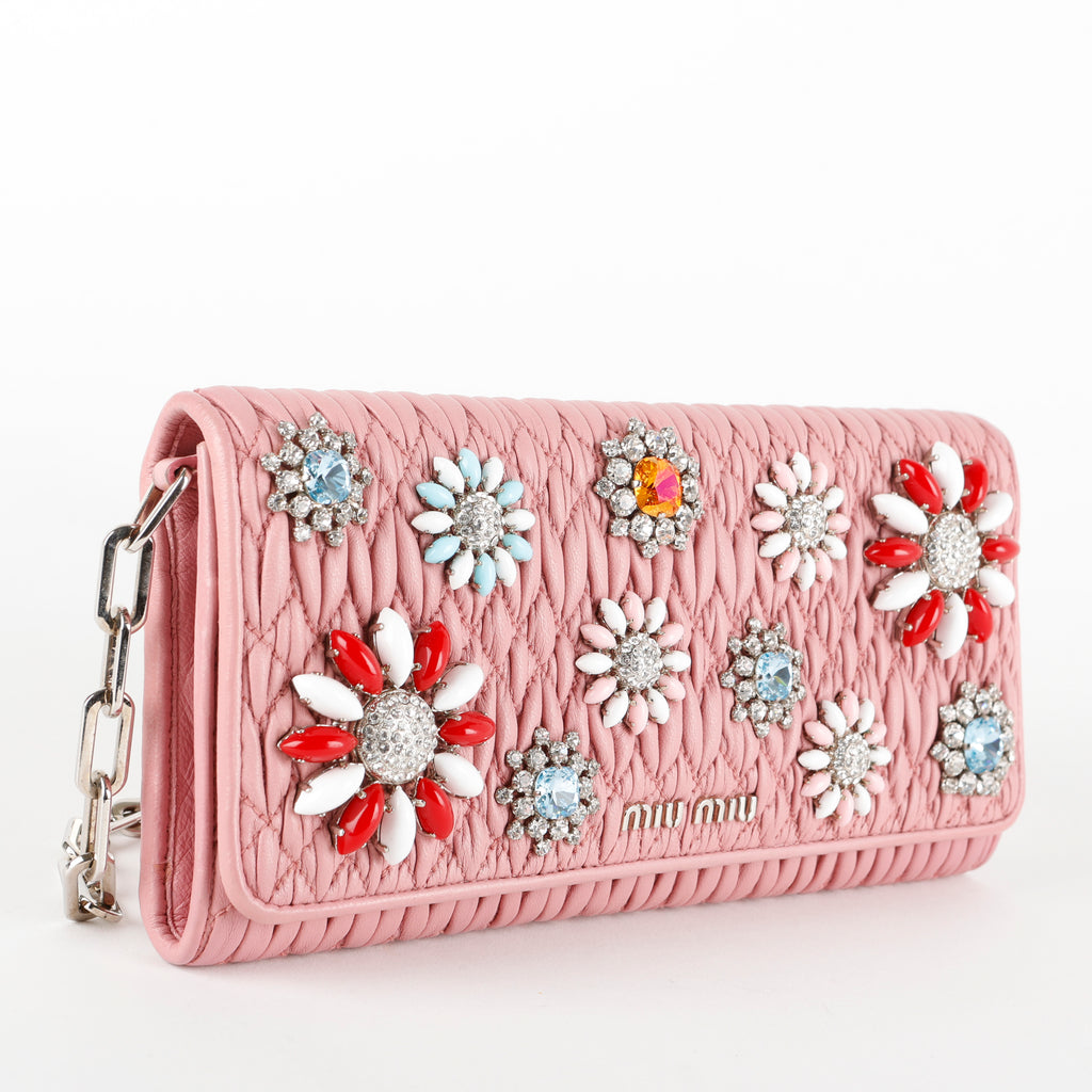 Crystal Flower Matelasse Wallet on Chain, Pink SHW