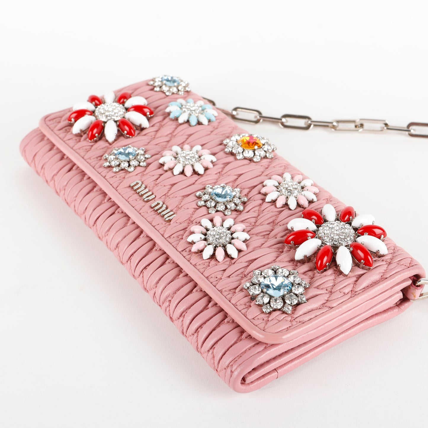 Crystal Flower Matelasse Wallet on Chain, Pink SHW