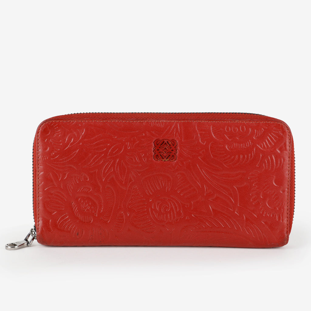 Floral Embossed Anagram Zip around Wallet, Red Calfskin