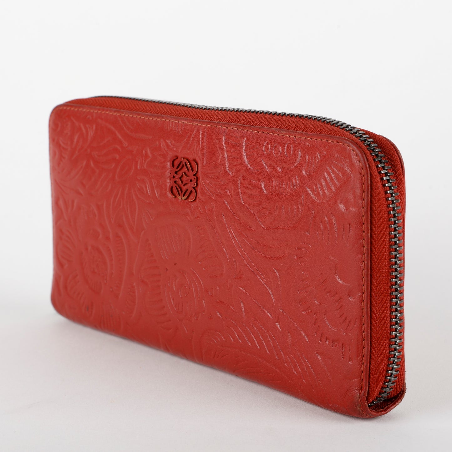 Floral Embossed Anagram Zip around Wallet, Red Calfskin