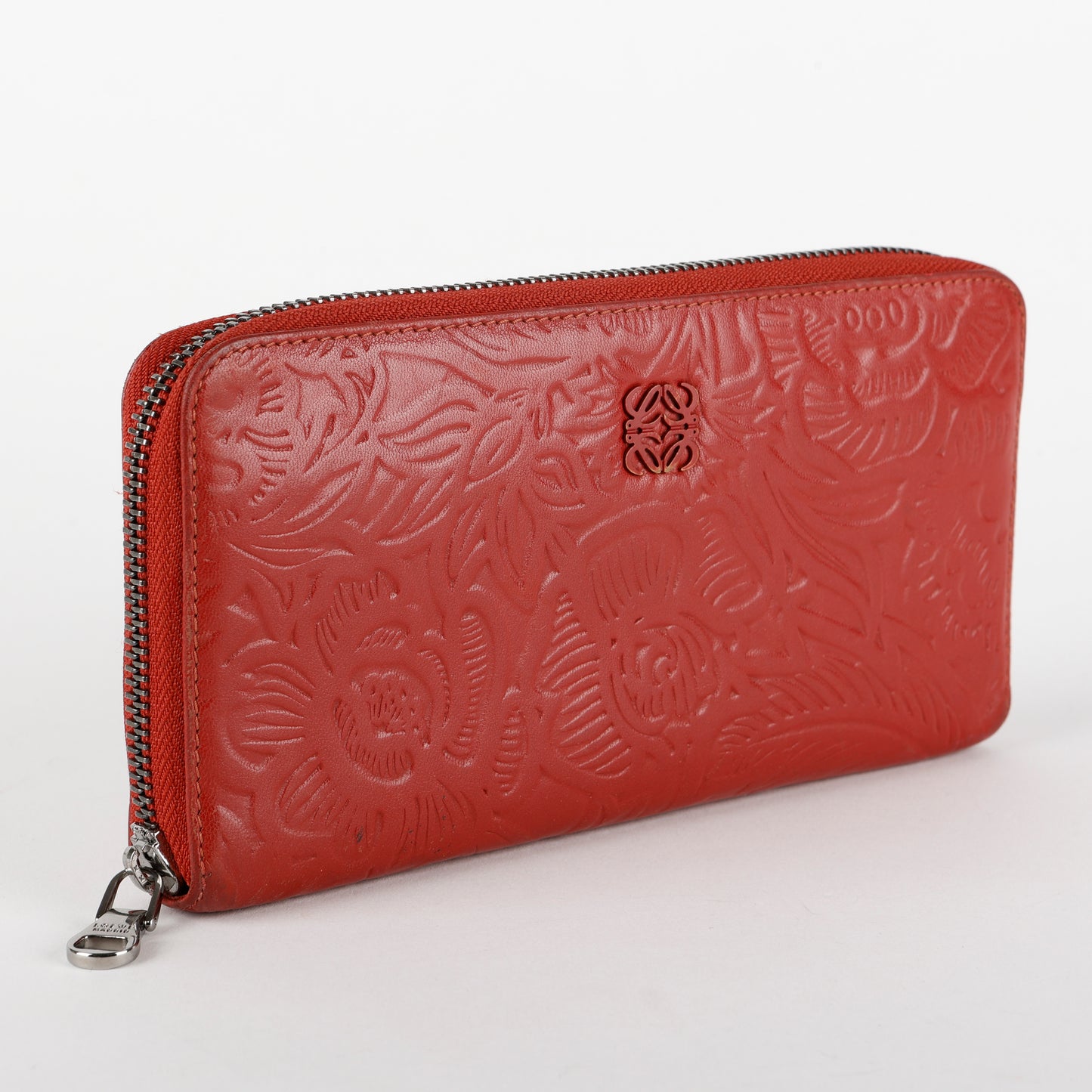 Floral Embossed Anagram Zip around Wallet, Red Calfskin