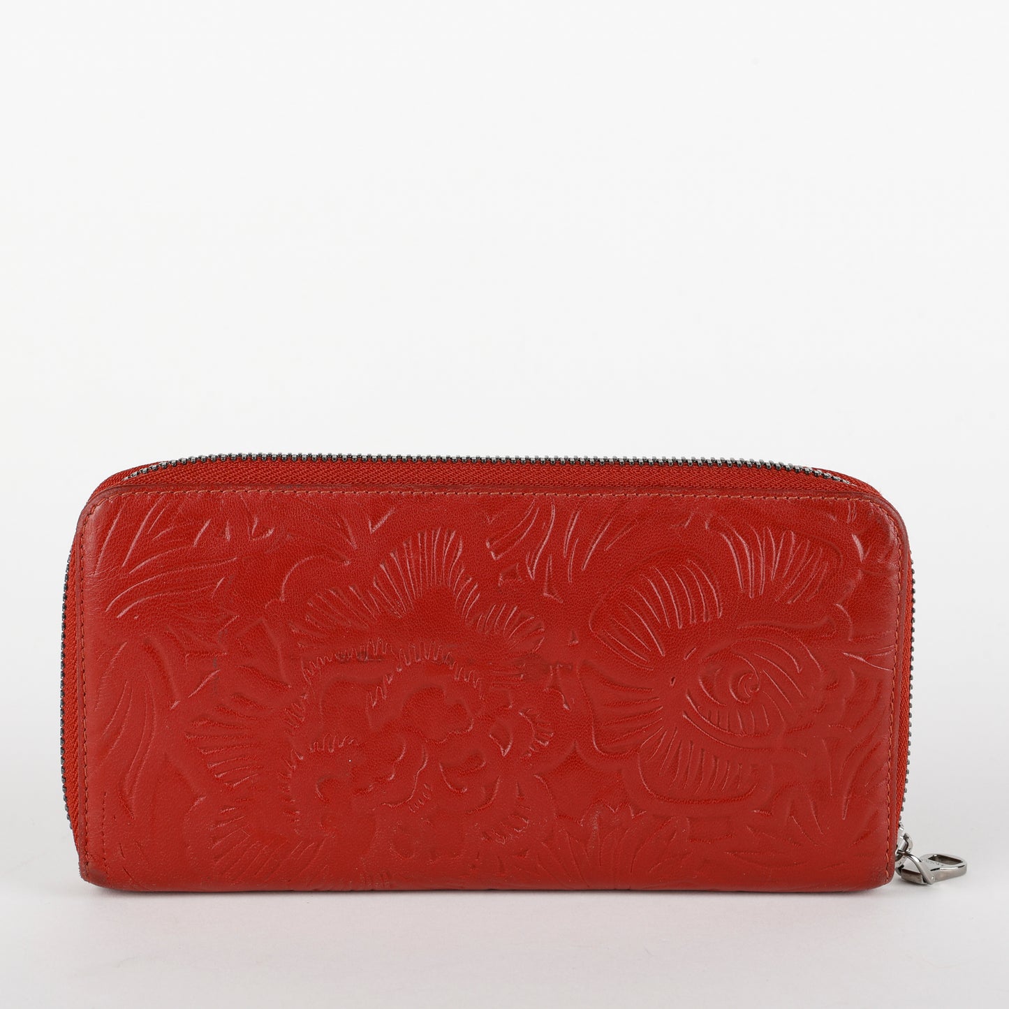 Floral Embossed Anagram Zip around Wallet, Red Calfskin