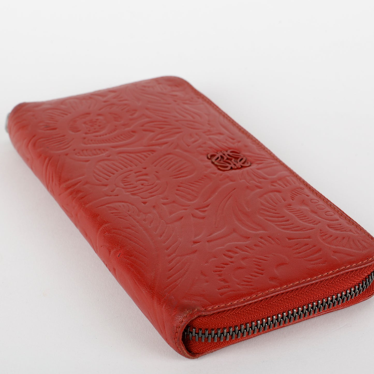 Floral Embossed Anagram Zip around Wallet, Red Calfskin