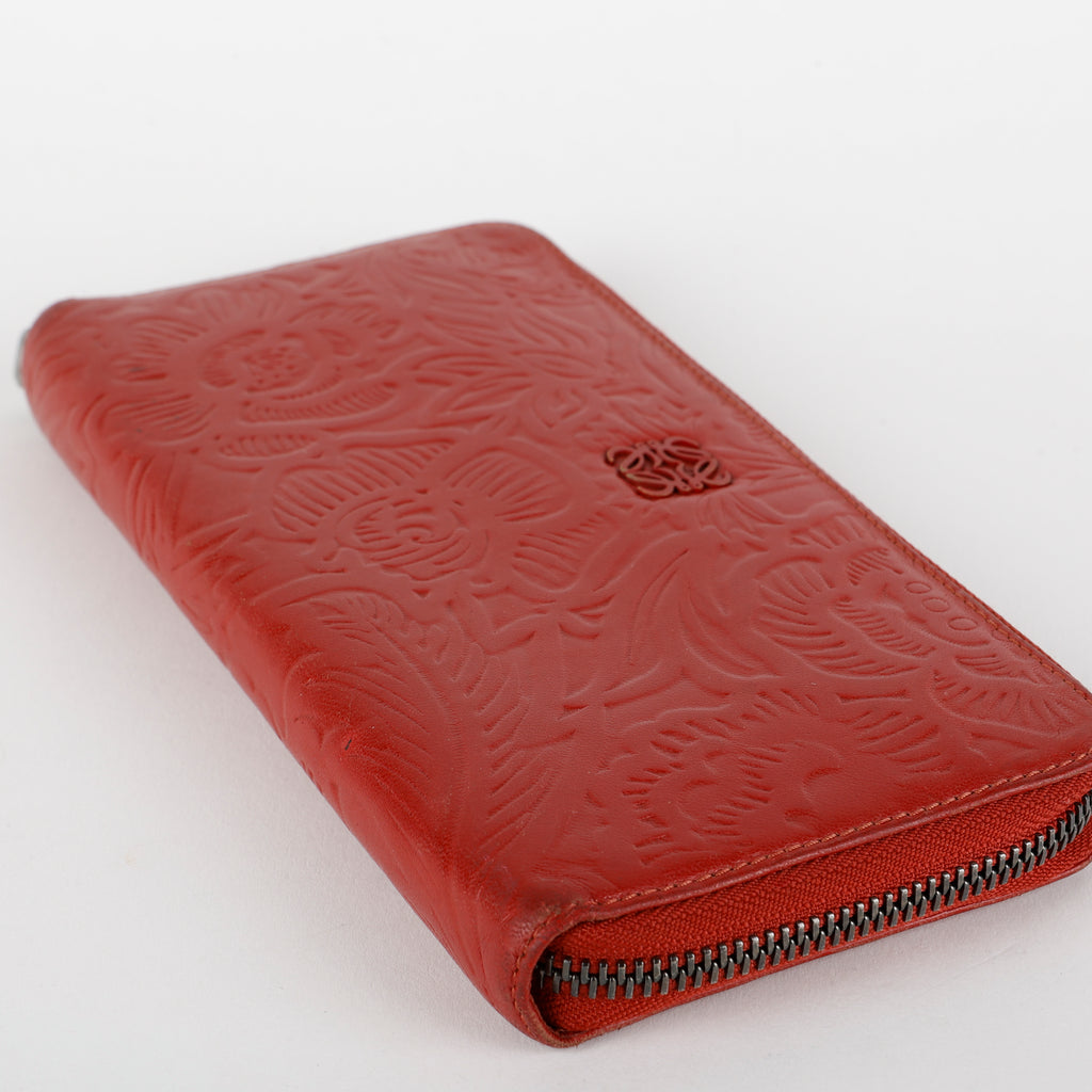 Floral Embossed Anagram Zip around Wallet, Red Calfskin