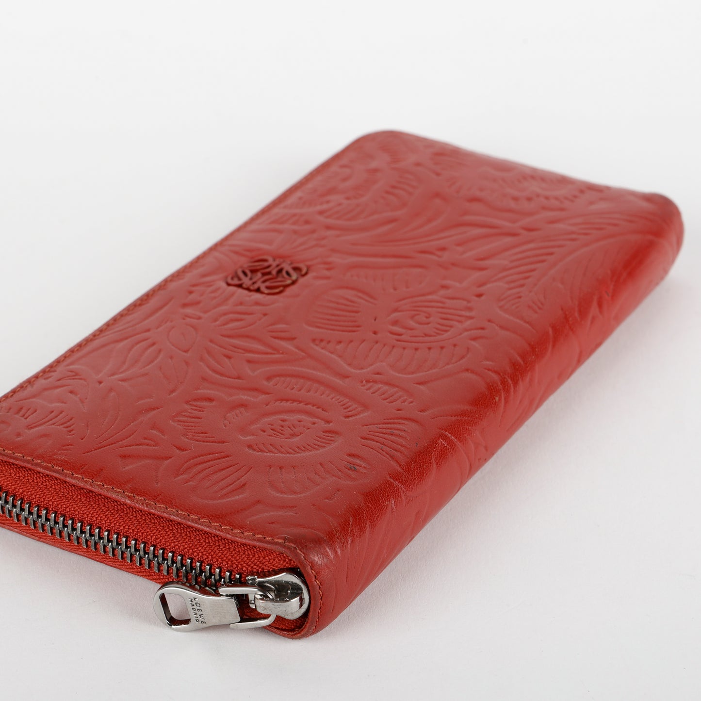 Floral Embossed Anagram Zip around Wallet, Red Calfskin