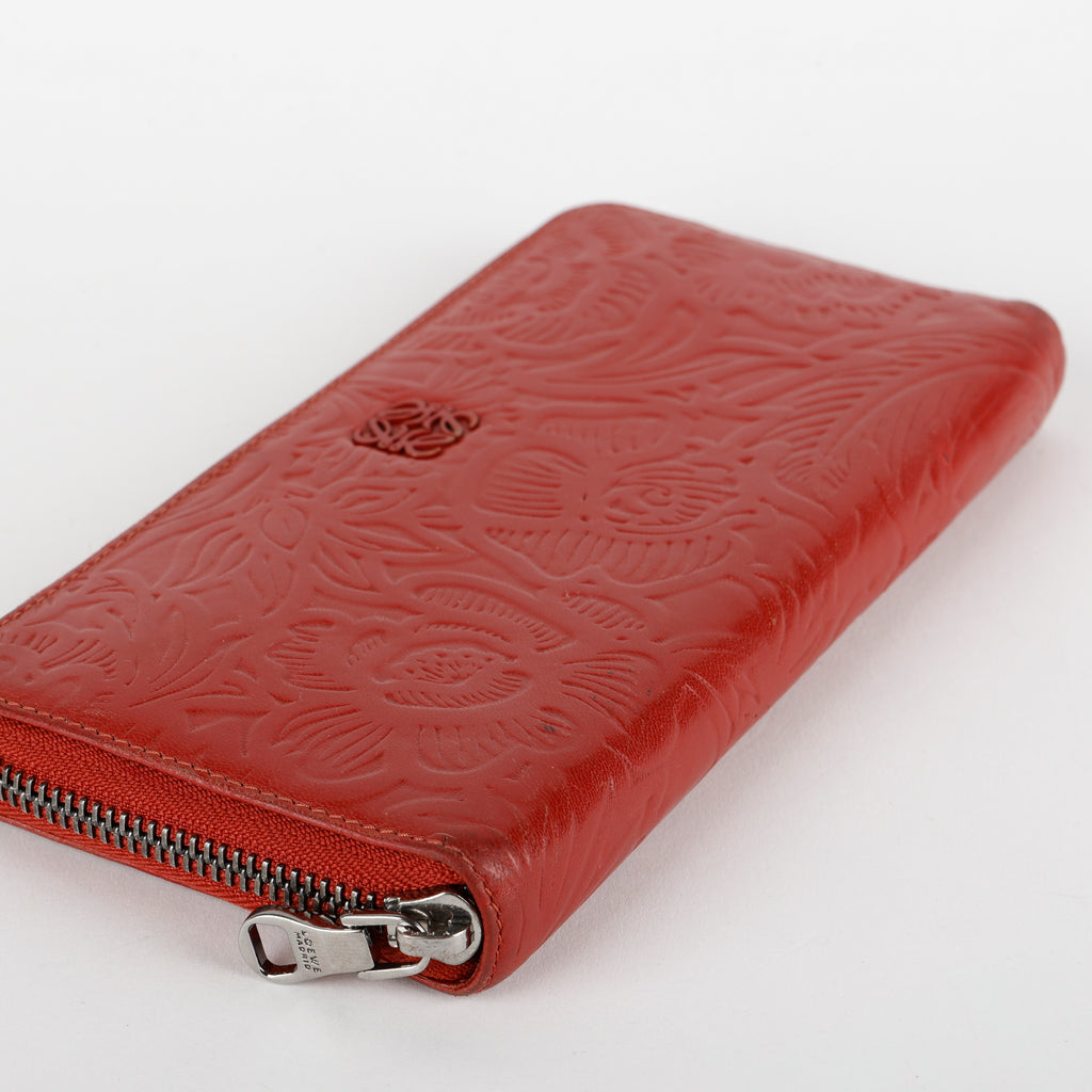 Floral Embossed Anagram Zip around Wallet, Red Calfskin