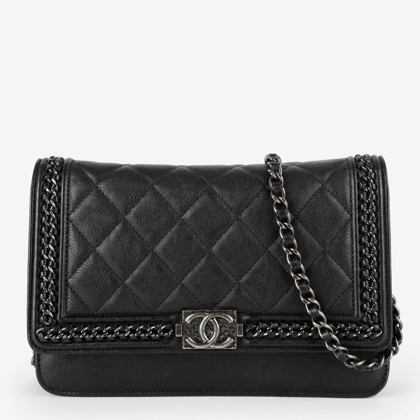 Boy Wallet on Chain, Black Aged Calfskin
