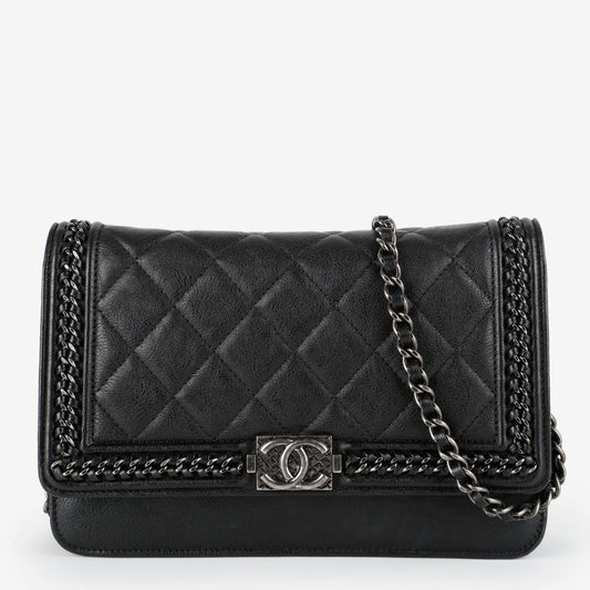 Boy Wallet on Chain, Black Aged Calfskin