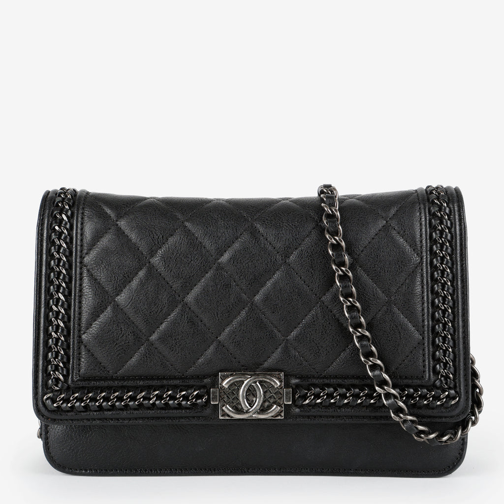 Boy Wallet on Chain, Black Aged Calfskin