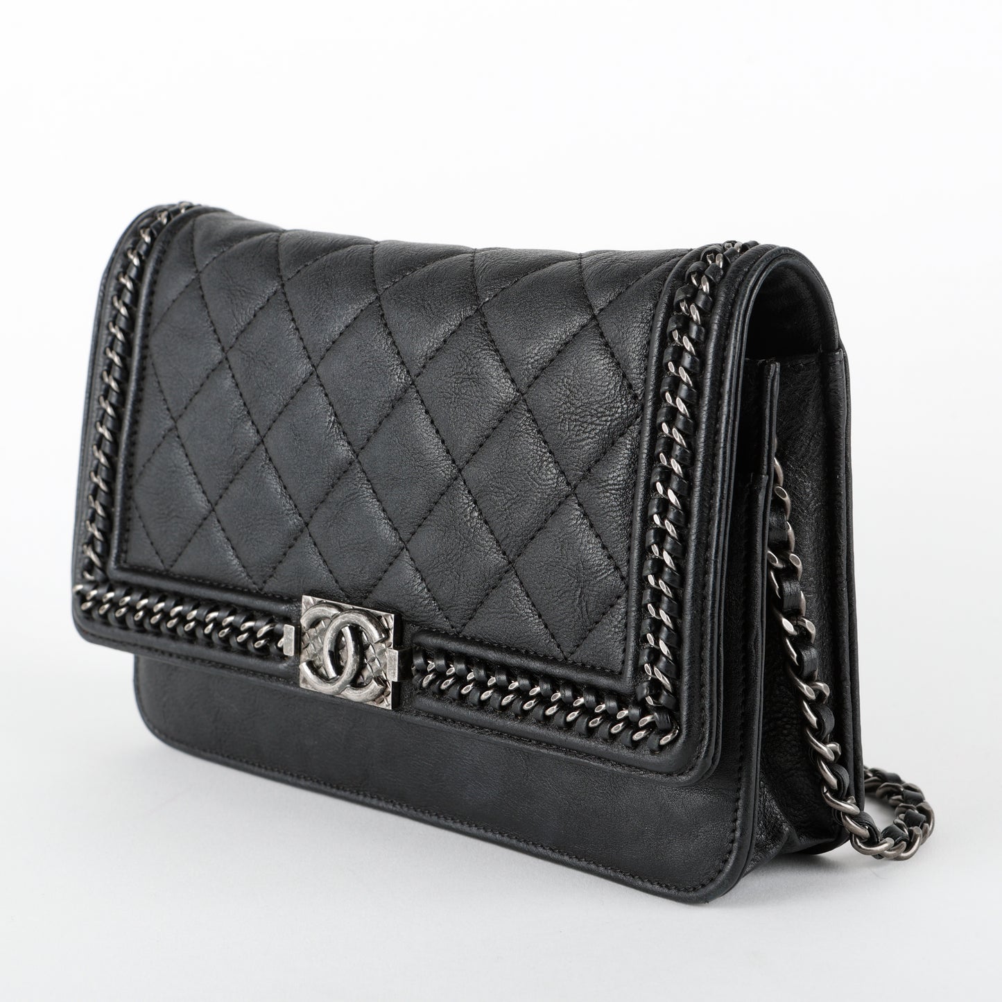 Boy Wallet on Chain, Black Aged Calfskin