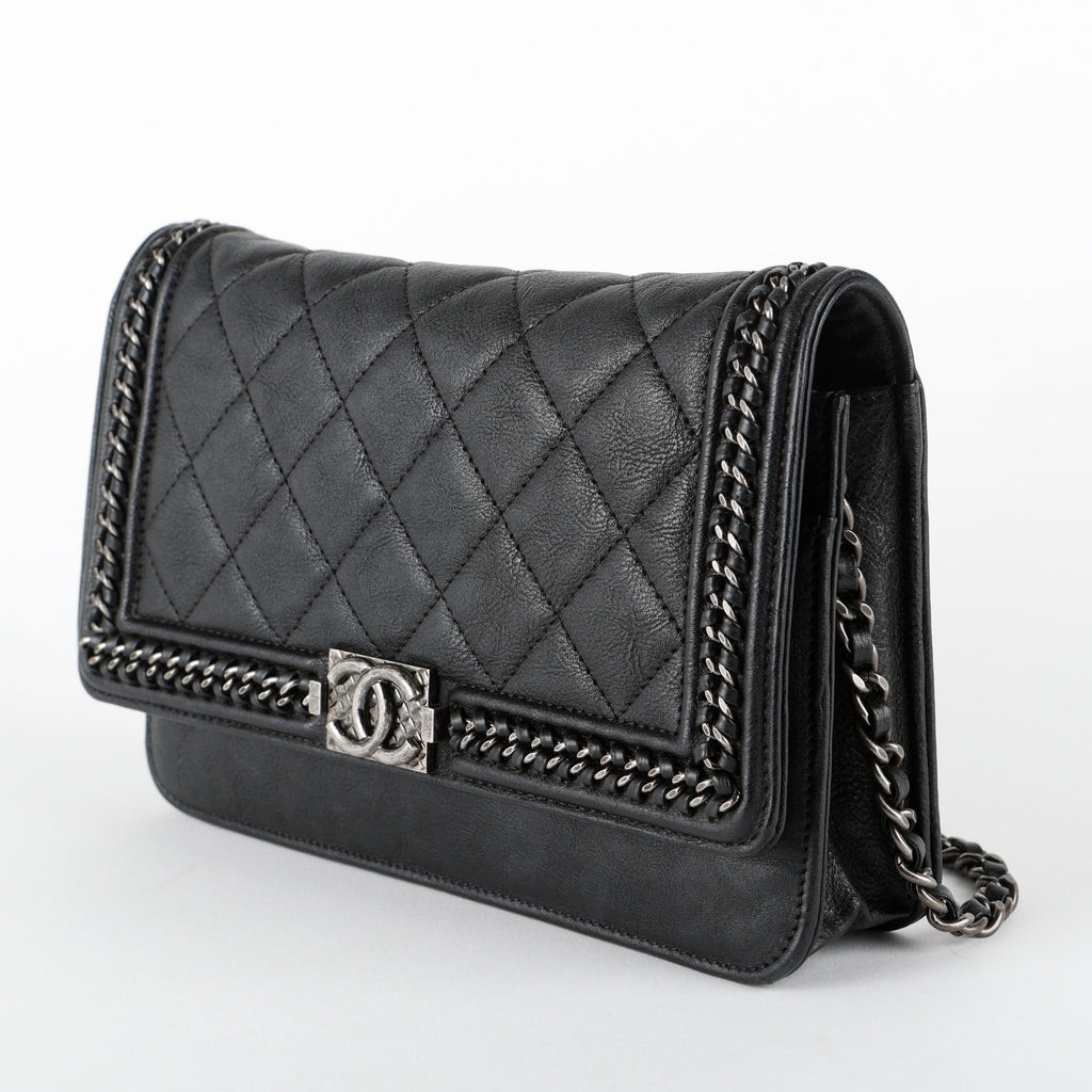 Boy Wallet on Chain, Black Aged Calfskin