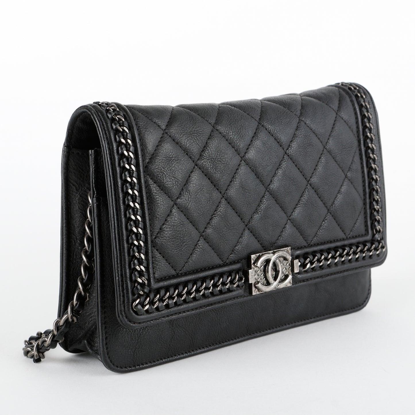 Boy Wallet on Chain, Black Aged Calfskin