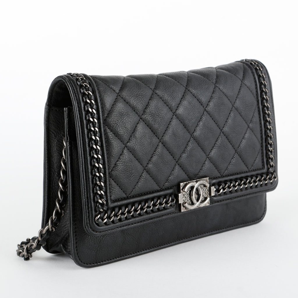 Boy Wallet on Chain, Black Aged Calfskin
