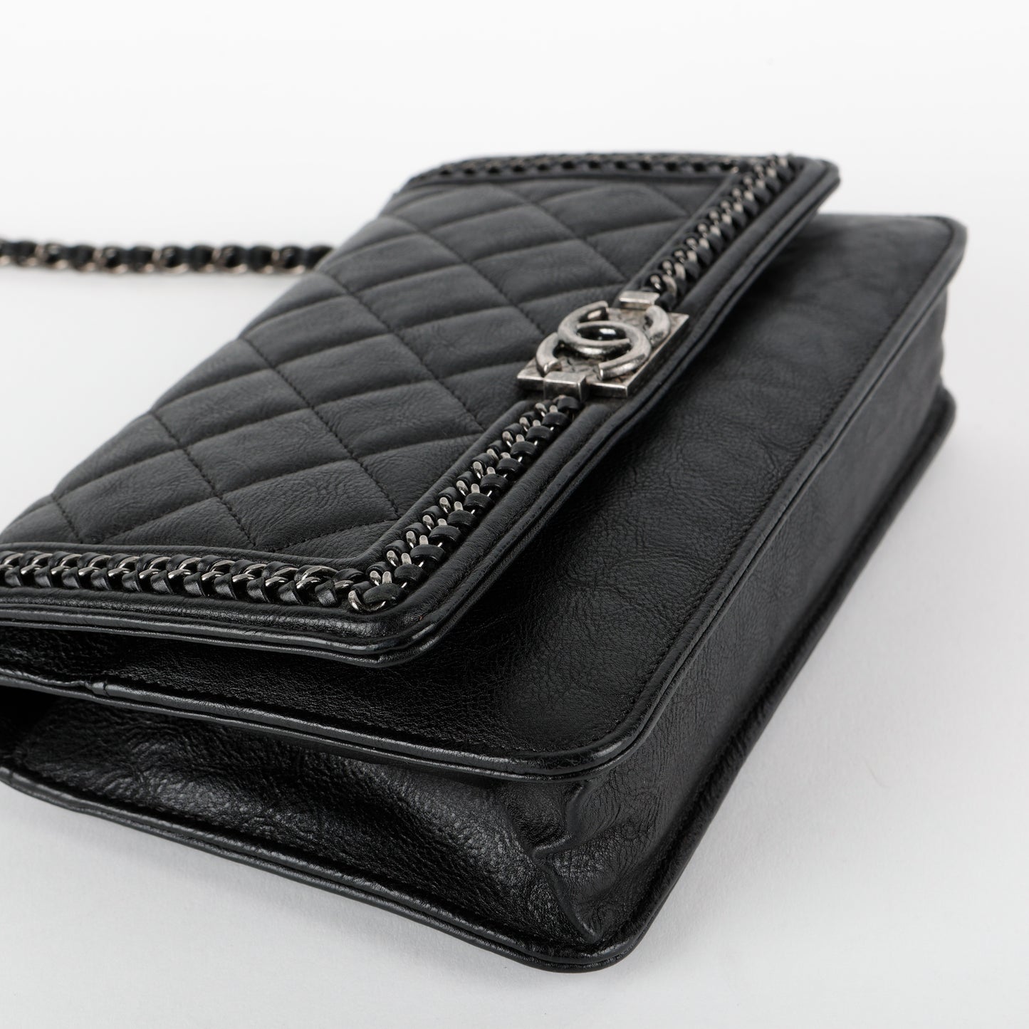 Boy Wallet on Chain, Black Aged Calfskin