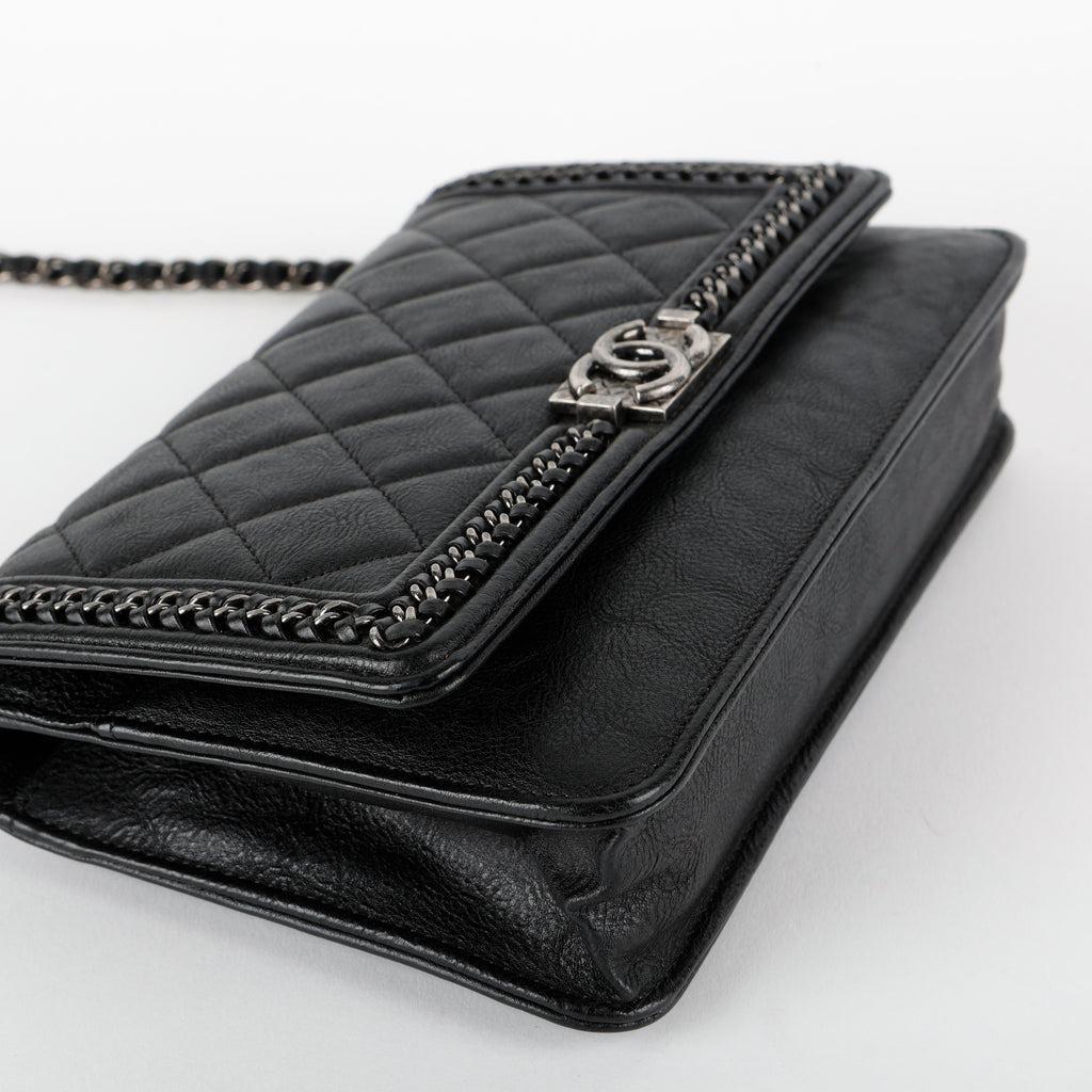 Boy Wallet on Chain, Black Aged Calfskin