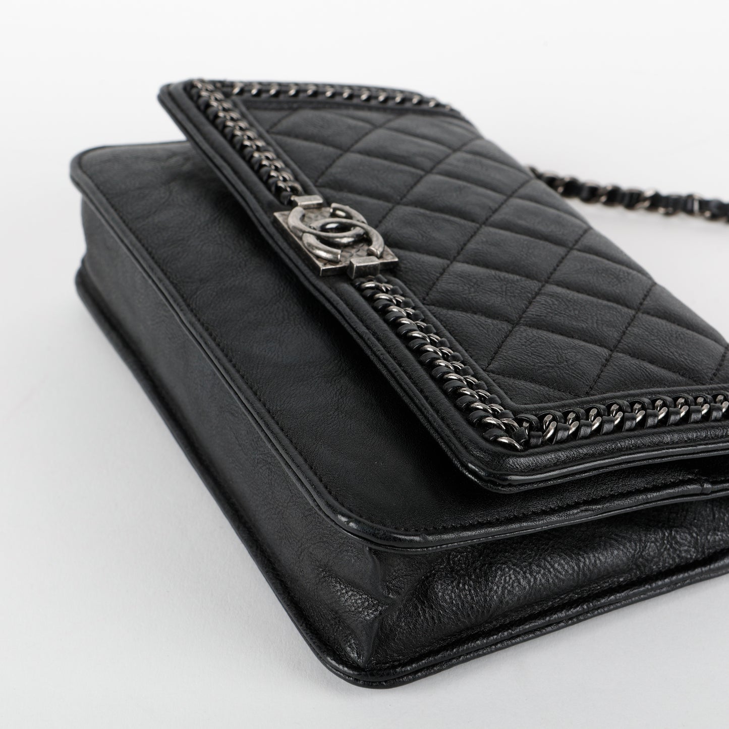 Boy Wallet on Chain, Black Aged Calfskin