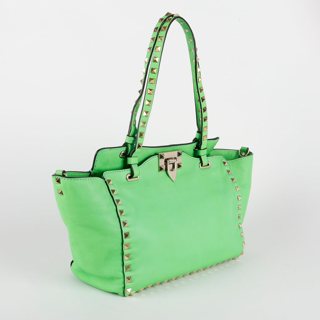 Small Rock Stud Top Handle Tote, Neon Green