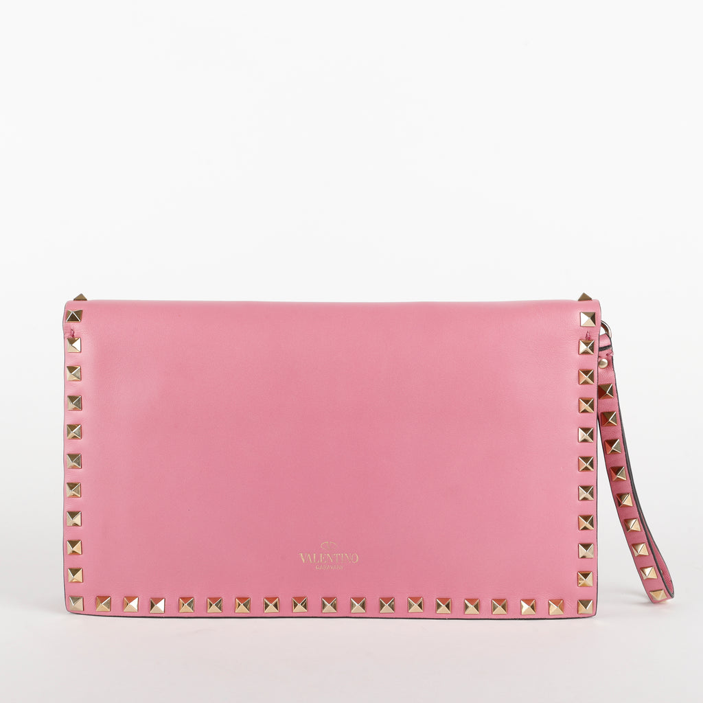 Rockstud Flap Clutch Wristlet, Pink Calfskin