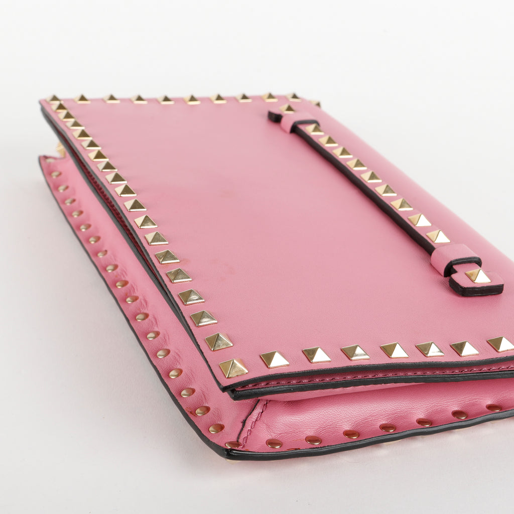 Rockstud Flap Clutch Wristlet, Pink Calfskin